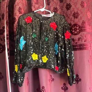 Vintage Sequin Embellished Kids Silk Jacket with Colorful Stars Size Large